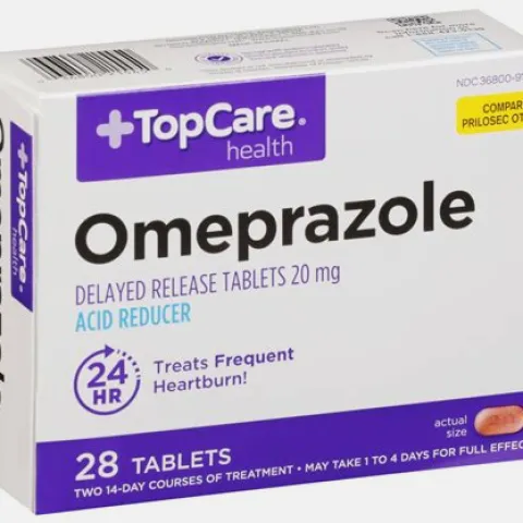 Illustration showing omeprazole doses taken 30-60 minutes before breakfast and dinner